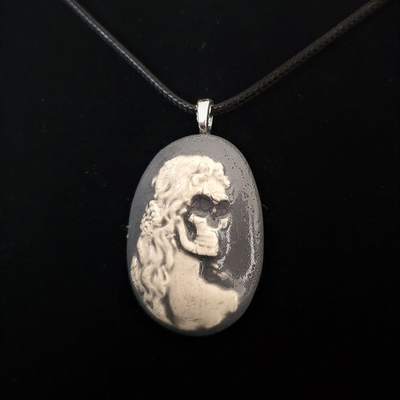 Handmade Ceramic Grey Skull Cameo Pendant Necklace - Picture 2 of 15